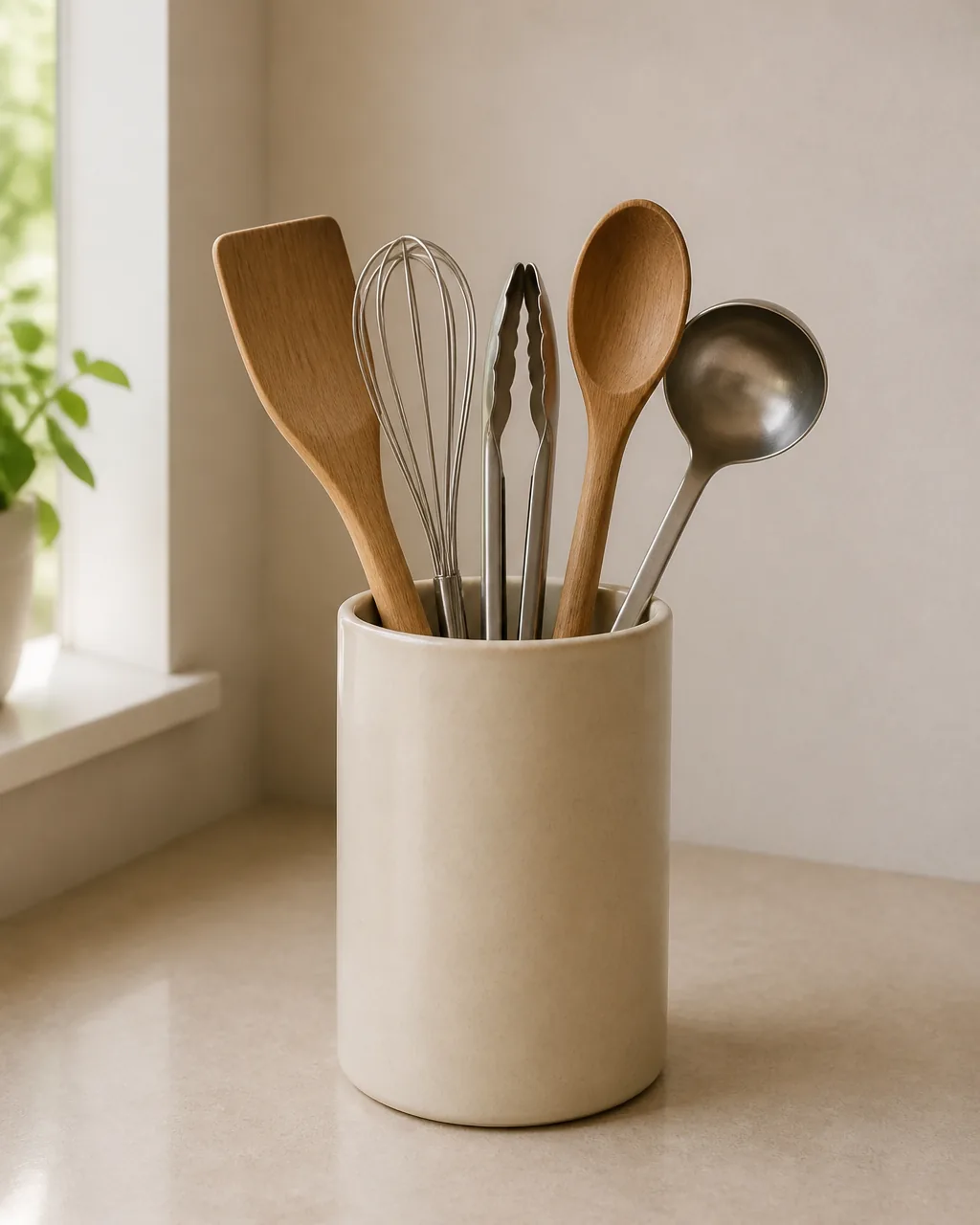 One slim warm-cream ceramic utensil crock on a pale stone kitchen counter holding only five tools — wood spatula, stainless whisk, plain tongs, wood cooking spoon, plain ladle — nothing else, the counter around it visibly empty