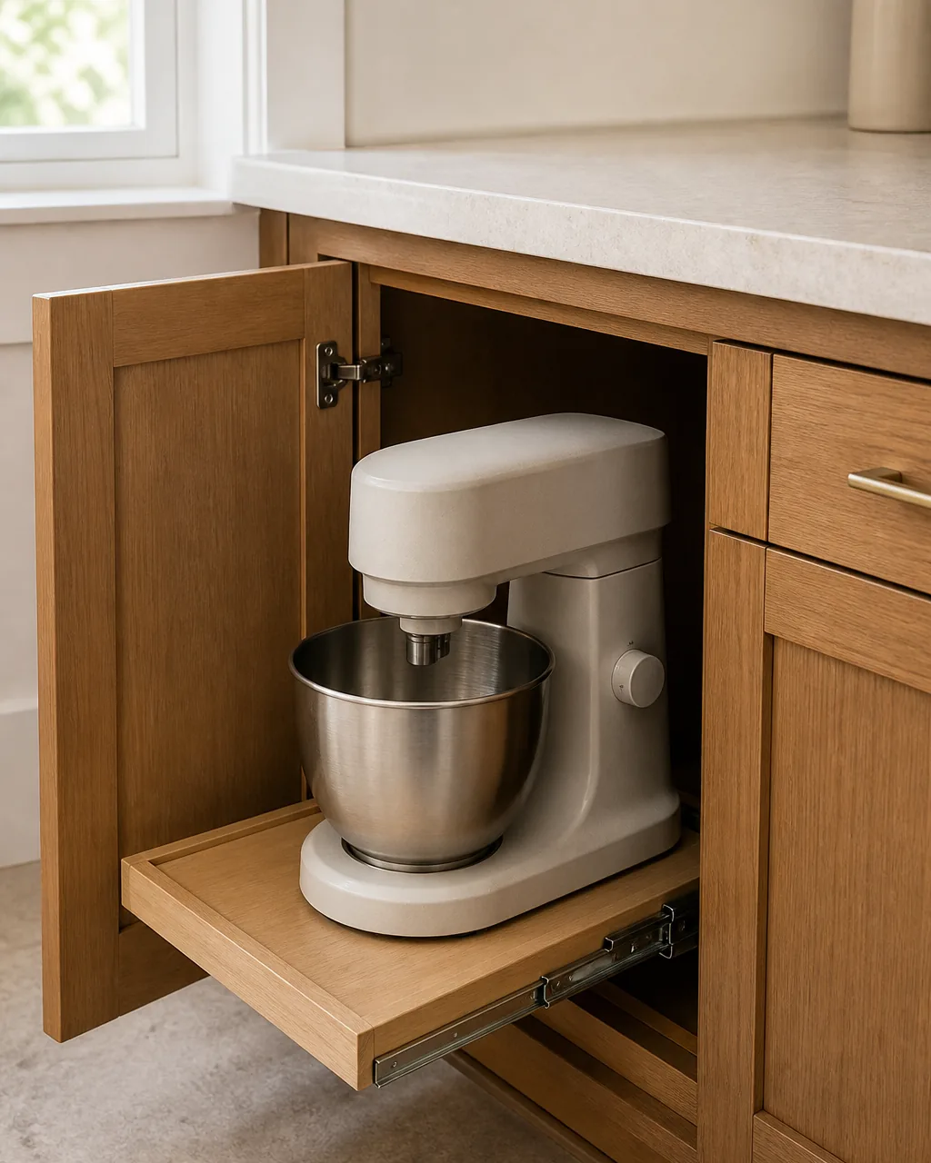A lower warm-oak kitchen cabinet door open, a pull-out slide tray fully extended showing a plain unbranded stand mixer sitting on it ready to lift up onto the counter for one task and slide back away, the pale stone counter above visibly empty where the mixer no longer permanently lives