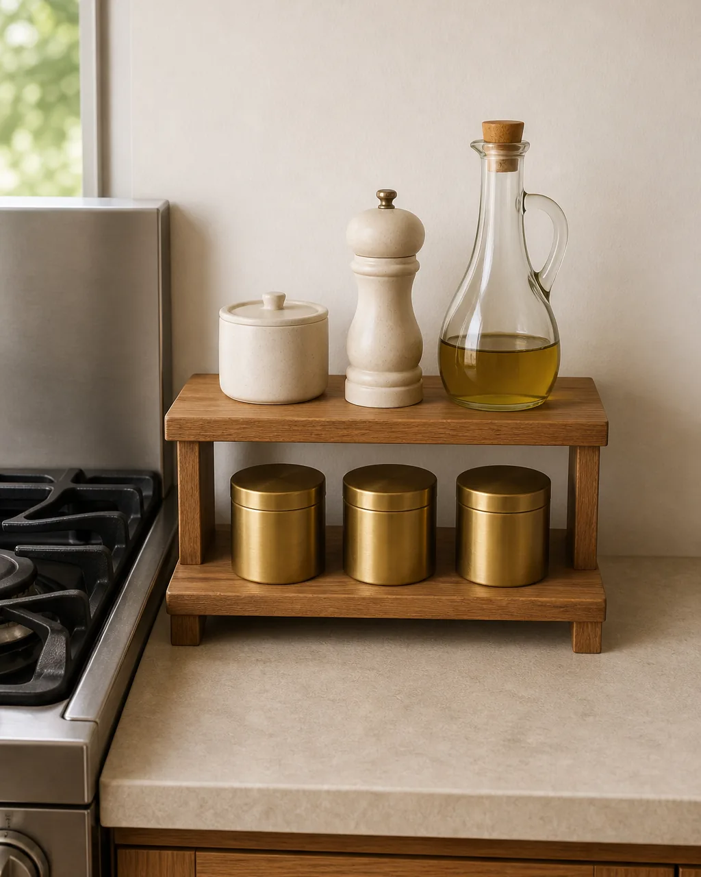 A two-tier warm-oak riser beside a plain gas range in a small apartment kitchen — top tier holds one warm-cream salt cellar, a matching pepper mill, and one olive cruet; bottom tier holds three brushed brass spice tins with blank fronts, intentionally restricted to the working set