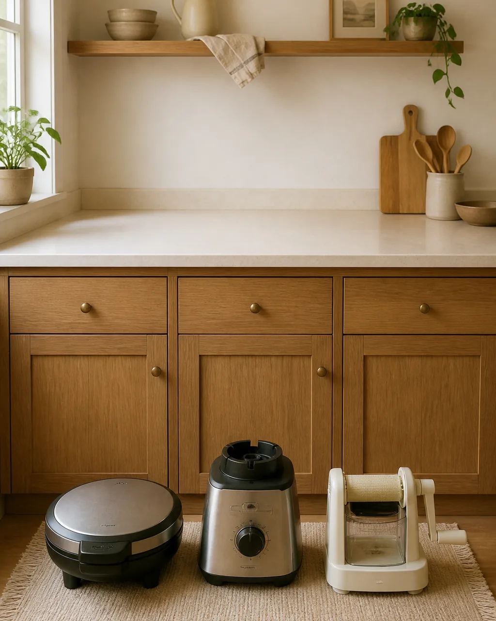 A small apartment kitchen counter mid-edit — a waffle iron, a blender base, and a spiralizer lined up at the counter front edge ready to move to a lower cabinet because they are each used less than once a day, leaving the pale stone counter visibly empty behind them