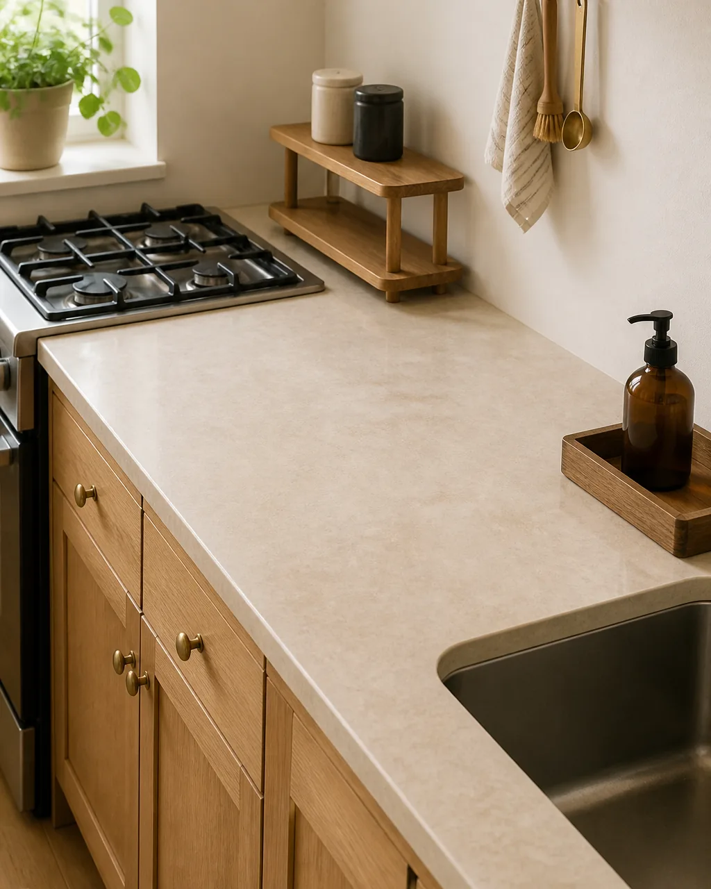 A small apartment kitchen counter split into three working zones top-to-bottom — hot zone with the corner of a gas range and a warm-oak riser holding salt and pepper, prep zone empty pale stone awaiting a cutting board, wet zone with the corner of a sink and a warm-oak tray holding dish soap — one continuous run with clear functional separation