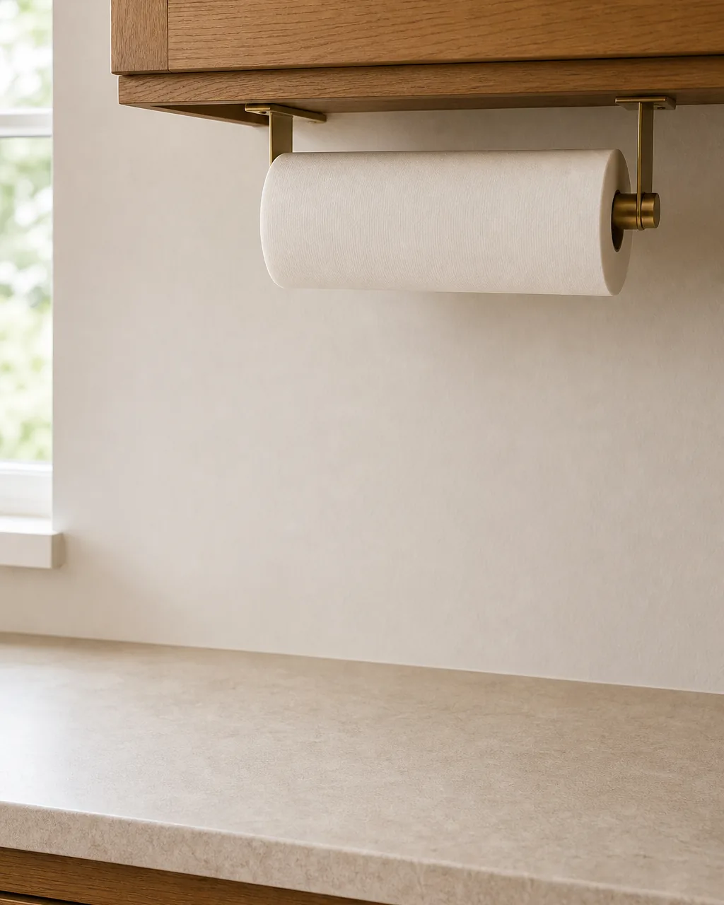 A slim brushed brass paper towel holder mounted under the lip of an upper warm-oak cabinet in a small apartment kitchen, a plain warm-white roll of paper towel hanging from it, the pale stone counter directly below visibly empty where an upright counter holder used to sit