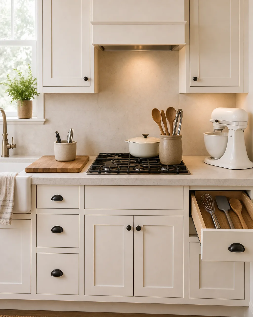 A warm kitchen wide shot with three small utensil holds in three task zones, a prep crock by the cutting board with peelers and knives, a cooking crock by the stove with spoons and tongs, a bake drawer by the mixer with whisks and spatulas, each tool stationed where it is used