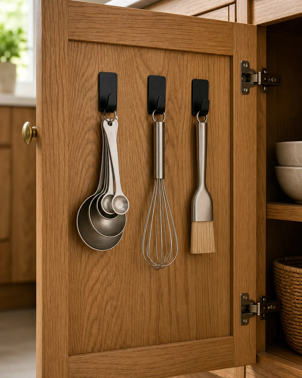 The inside of an opened warm oak lower cabinet door fitted with three slim adhesive hooks hanging measuring spoons a small whisk and a brush, the awkward narrow gear gone from the drawer and tucked neatly out of sight until the door is opened