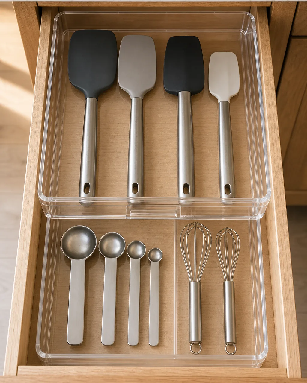 An open drawer with two stacked clear acrylic trays, the lower tray holding measuring spoons and small whisks the upper sliding tray holding spatulas, the transparent walls making every utensil readable from above so nothing gets buried
