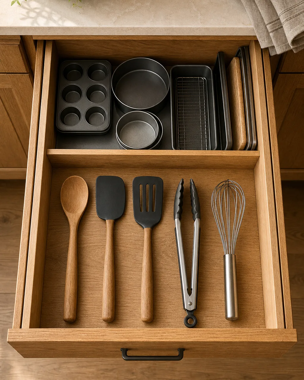 An open warm oak kitchen drawer top-down split into a front zone of daily-use utensils a wooden spoon two spatulas tongs and a whisk and a back zone of weekly bake and serve tools, the everyday tools nearest the cook the rare ones behind, sorted by how often each is used