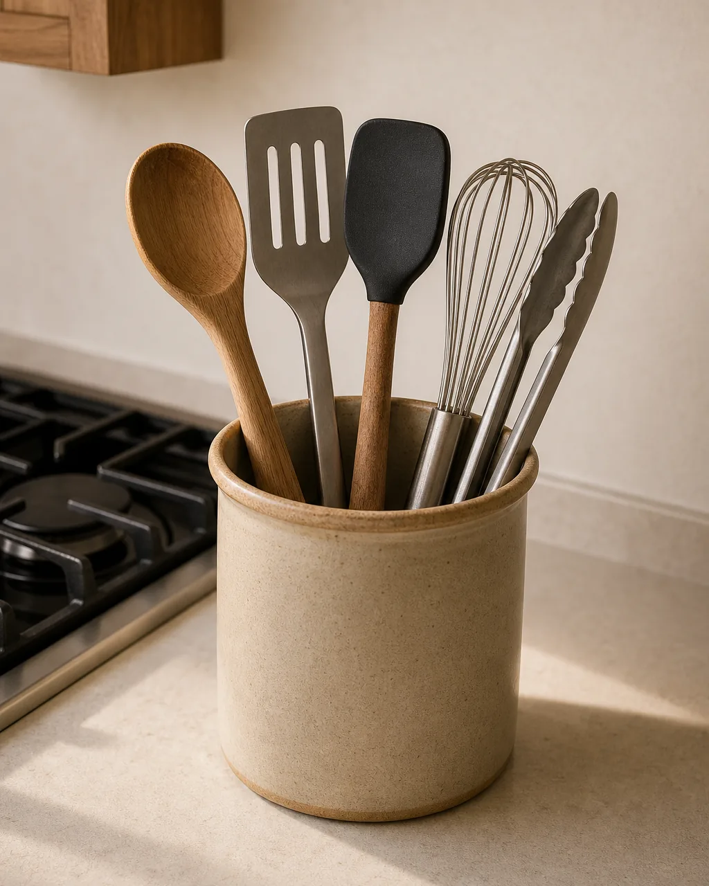 A matte stoneware counter crock beside the cooktop holding exactly five daily utensils one wooden spoon one slotted spatula one silicone spatula one whisk one pair of tongs handles up and reachable surrounded by clear empty counter