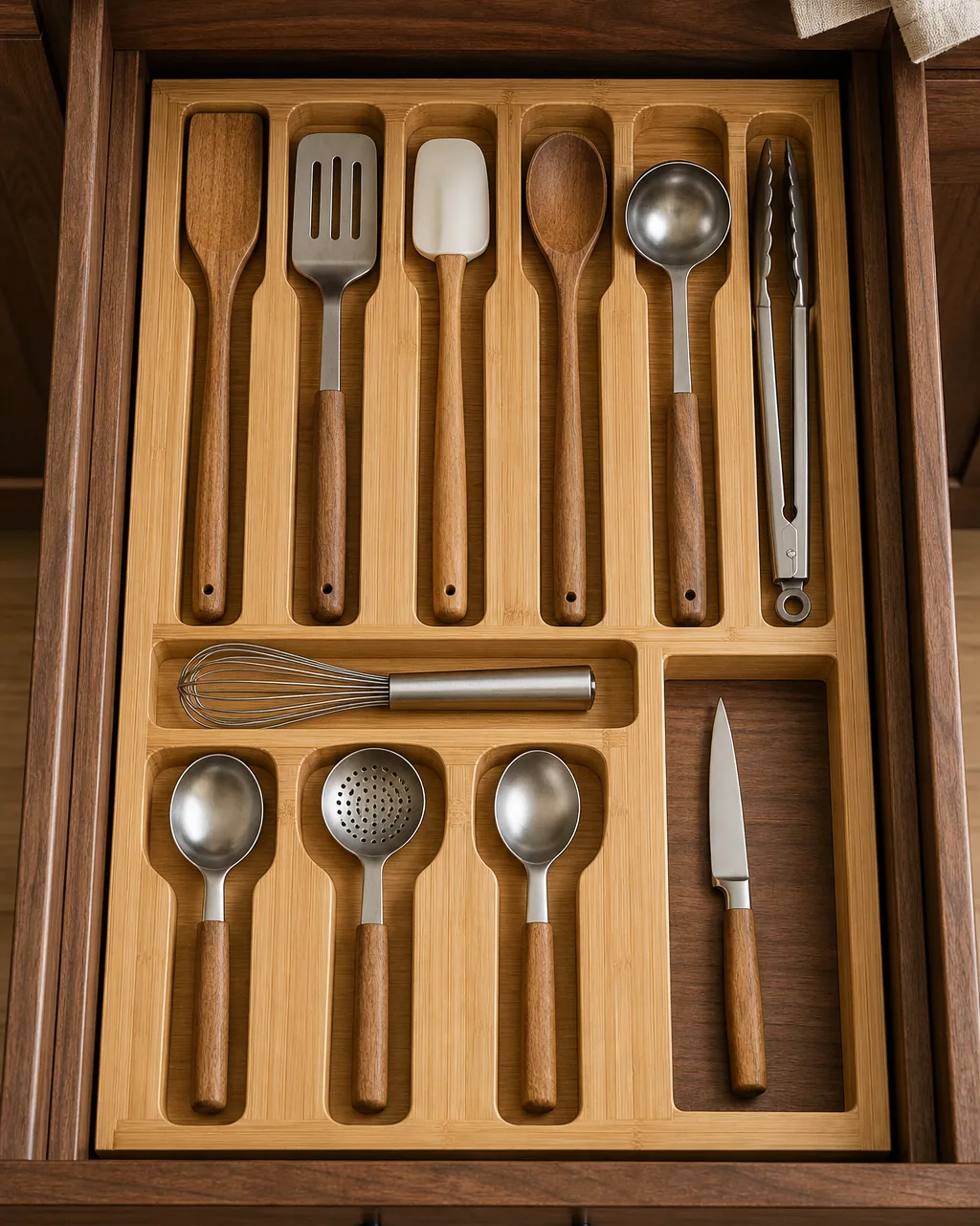 A warm oak kitchen drawer top-down with custom bamboo dividers cut to fit each tool shape, long narrow slots for spatulas wider slots for ladles a shallow row for whisks, every utensil seated in its own bay so the drawer reads as a small workshop