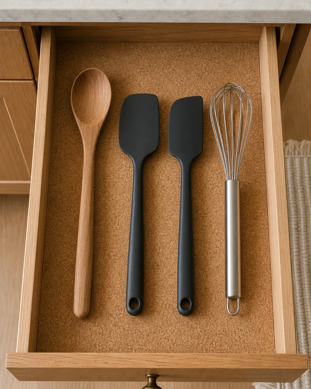 An open kitchen drawer with a soft natural cork drawer liner fitted to the base, utensils resting on the cork instead of sliding, the matte cork muting the noise and the metal handles staying in their slots when the drawer opens and closes