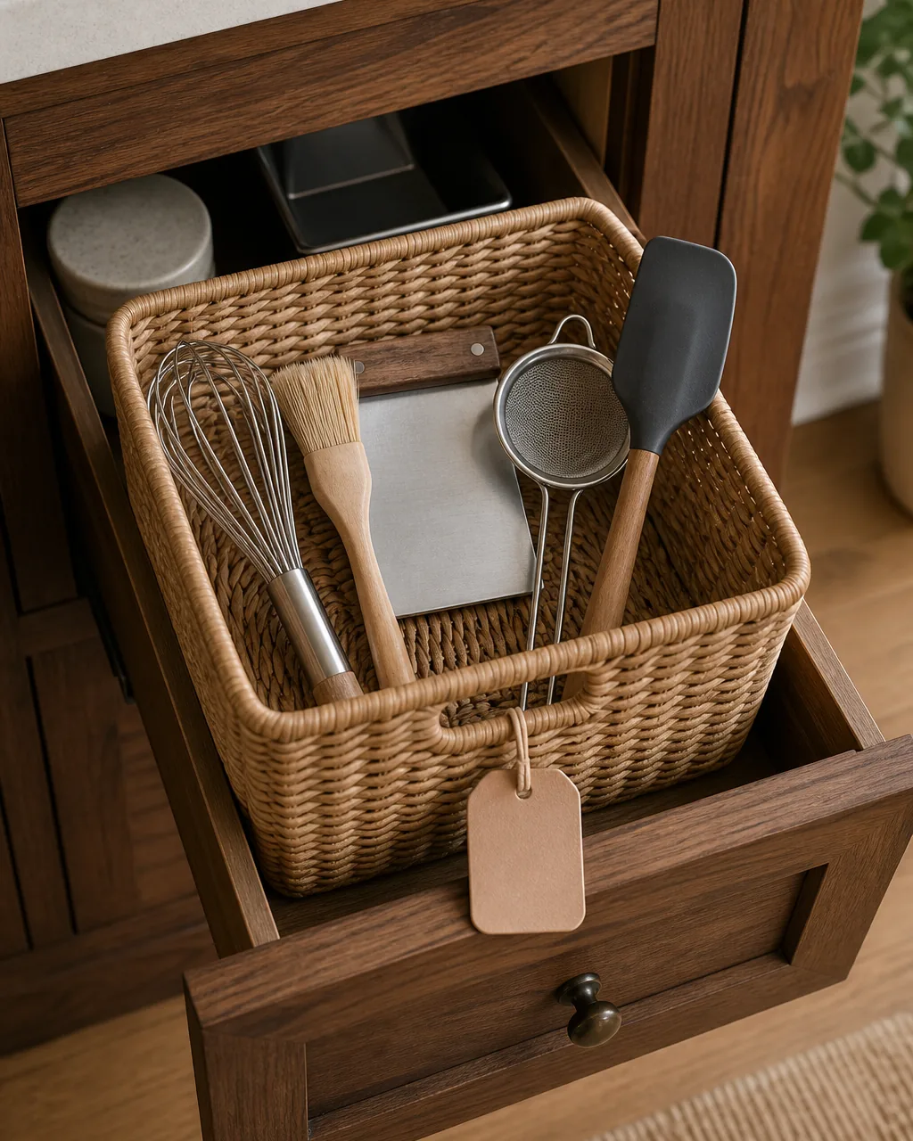 A pulled-open lower cabinet drawer with a small labeled rattan bin holding only baking tools a whisk a pastry brush a bench scraper a sieve and a silicone spatula, the bin lifted out to the counter as one self-contained baking kit