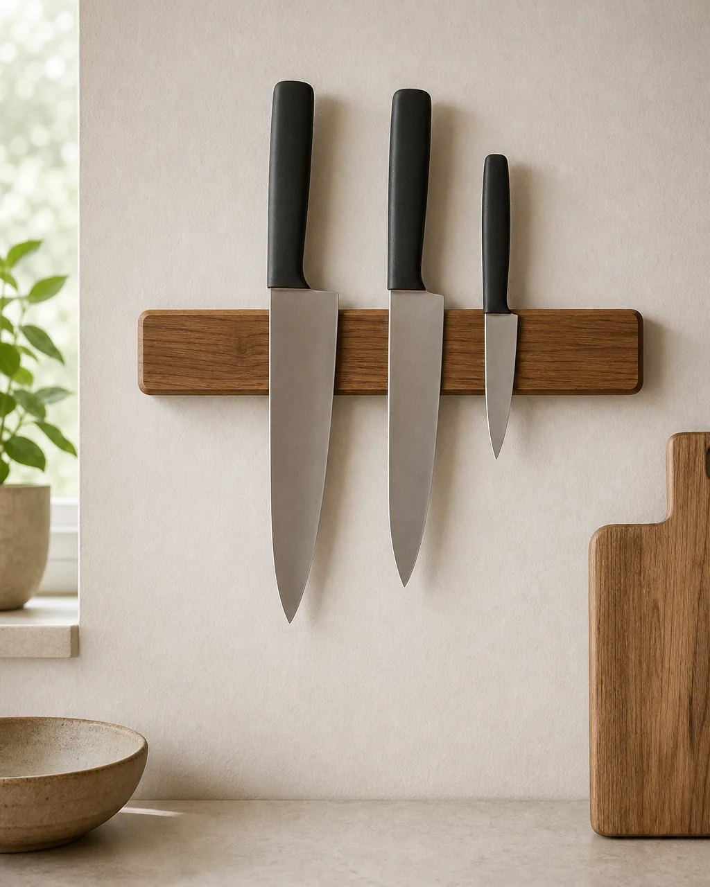 A slim warm-wood magnetic strip mounted on a warm-white kitchen backsplash holding two clean chef knives blade-down and one paring knife, the strip freeing the drawer and the counter and keeping the blades visible safe and within easy arm reach above the prep zone