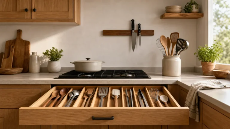 A warm tidy kitchen utensil setup seen wide, an open shallow drawer with custom dividers sorting spoons spatulas tongs and whisks by tool shape, a counter crock holding the daily five, a magnetic strip on the wall with two knives, soft daylight on warm wood cabinets, calm and reachable