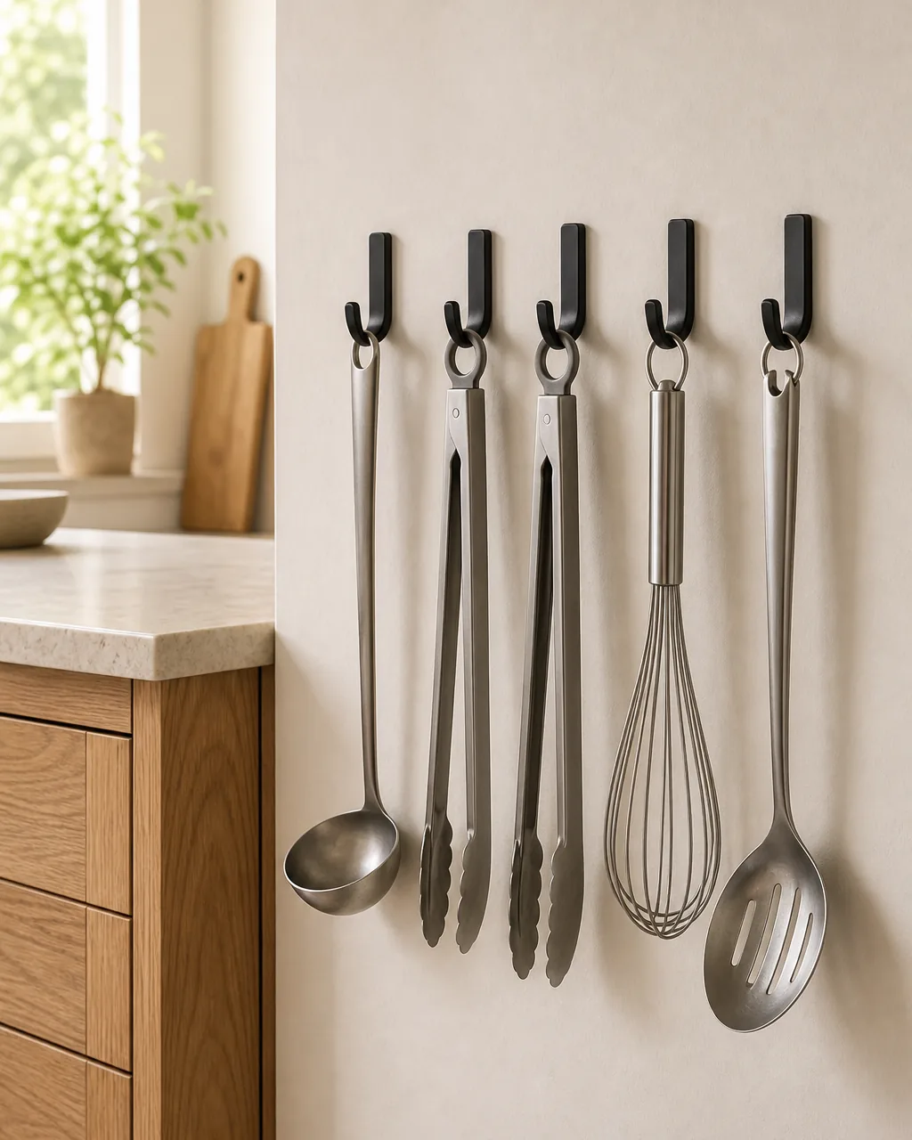 A short row of warm matte black wall hooks mounted on a warm-white wall beside a kitchen island holding tall awkward tools by their handles, a long ladle two long tongs a tall whisk and a slotted spoon, the bulky stems off the counter and out of the drawer