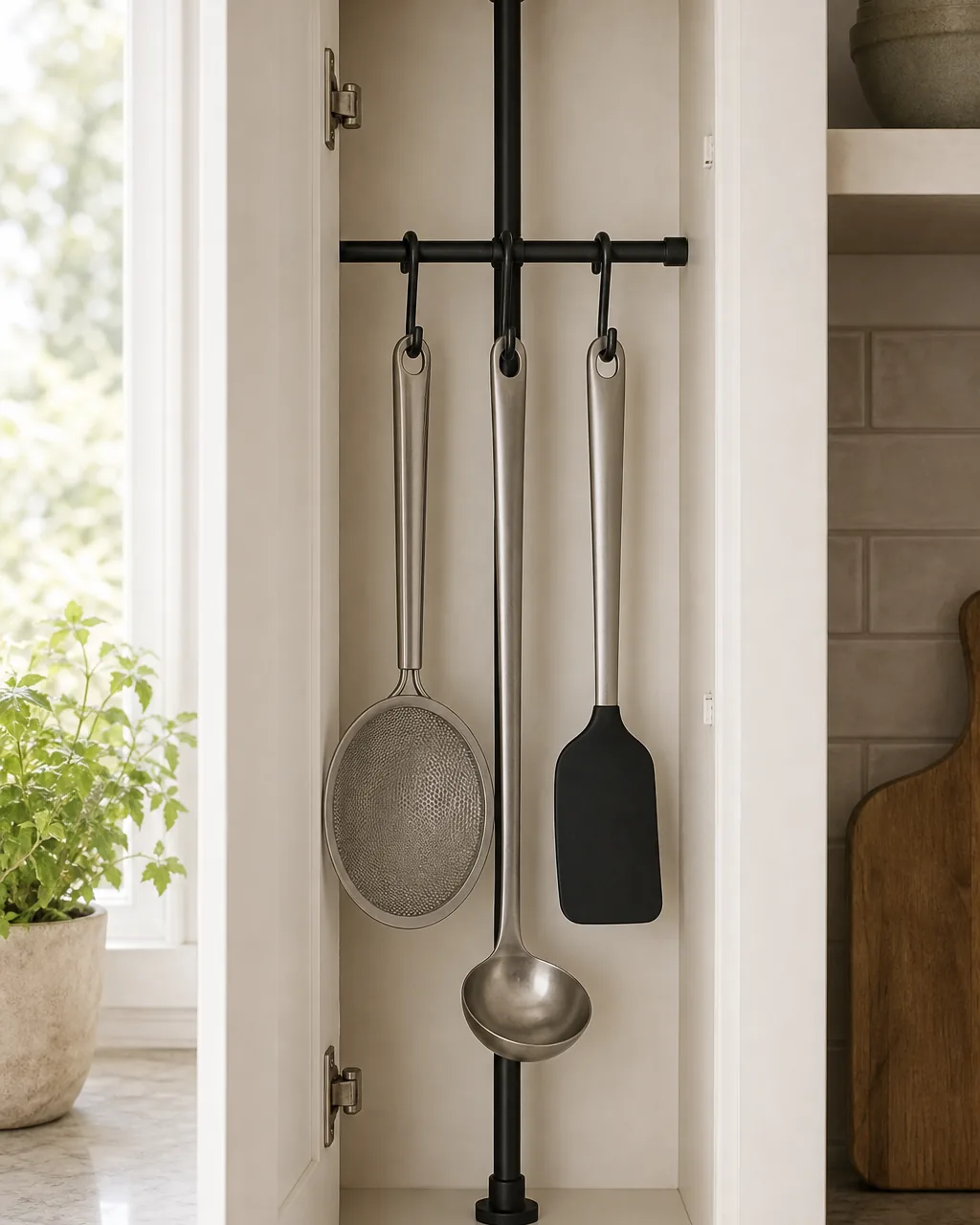 An inside view of a tall narrow cabinet with a slim tension rod mounted vertically, three large utensils hanging upright by their hook handles a wide flat strainer a long-handled ladle and a flat silicone spatula, the dead vertical space turned into reachable storage