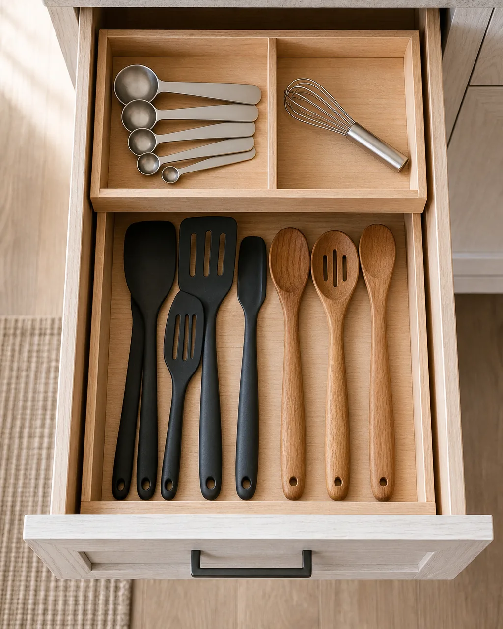 An open shallow drawer with a two-tier insert, the lower tray holding flat tools spatulas and spoons, an upper sliding tray lifted above them holding measuring spoons and a small whisk, every tool visible at a glance with no stacking blind spots