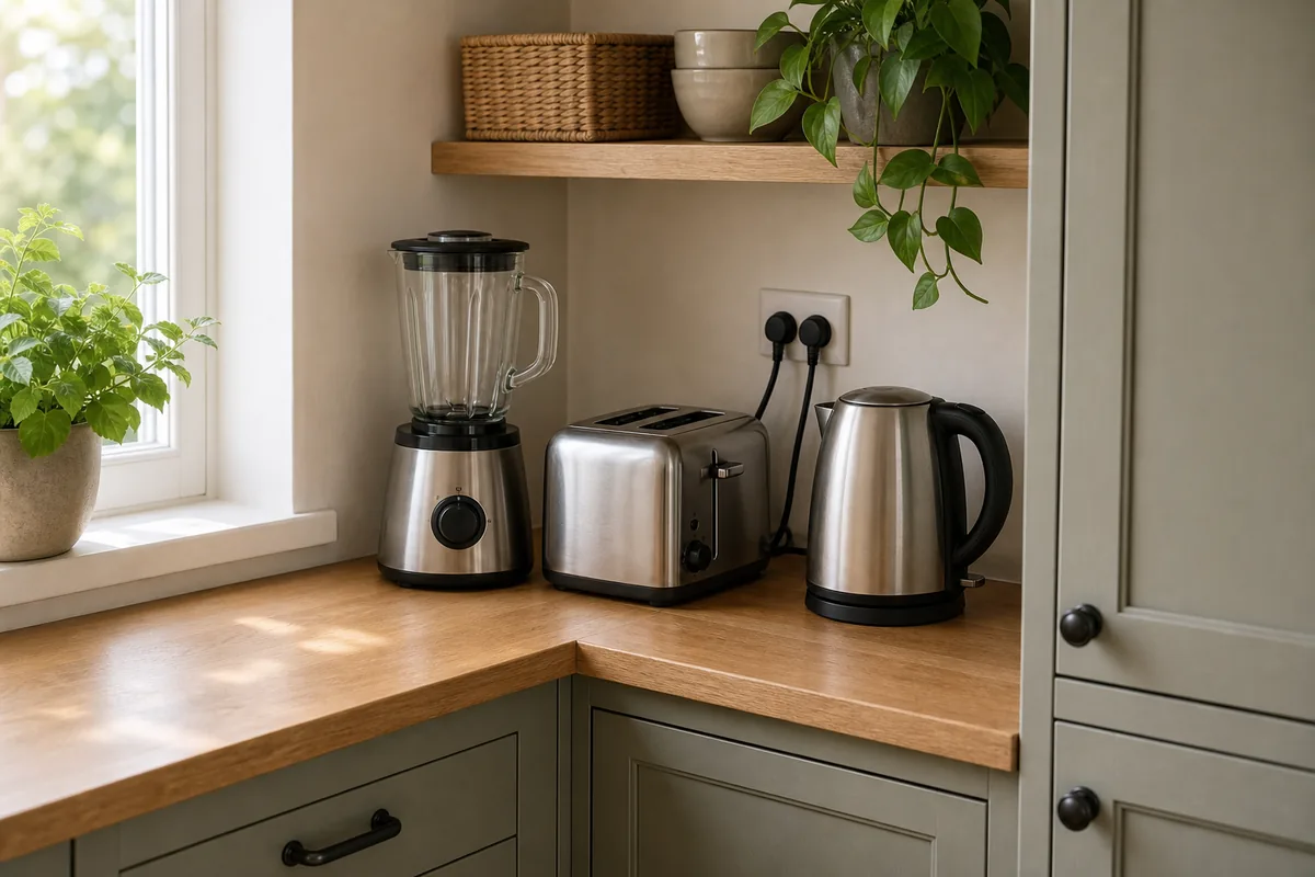 A small-appliance zone in a kitchen corner: a plain blender, a two-slot toaster, and a simple kettle grouped on a clear counter near a wall outlet, the rest of the counter clear