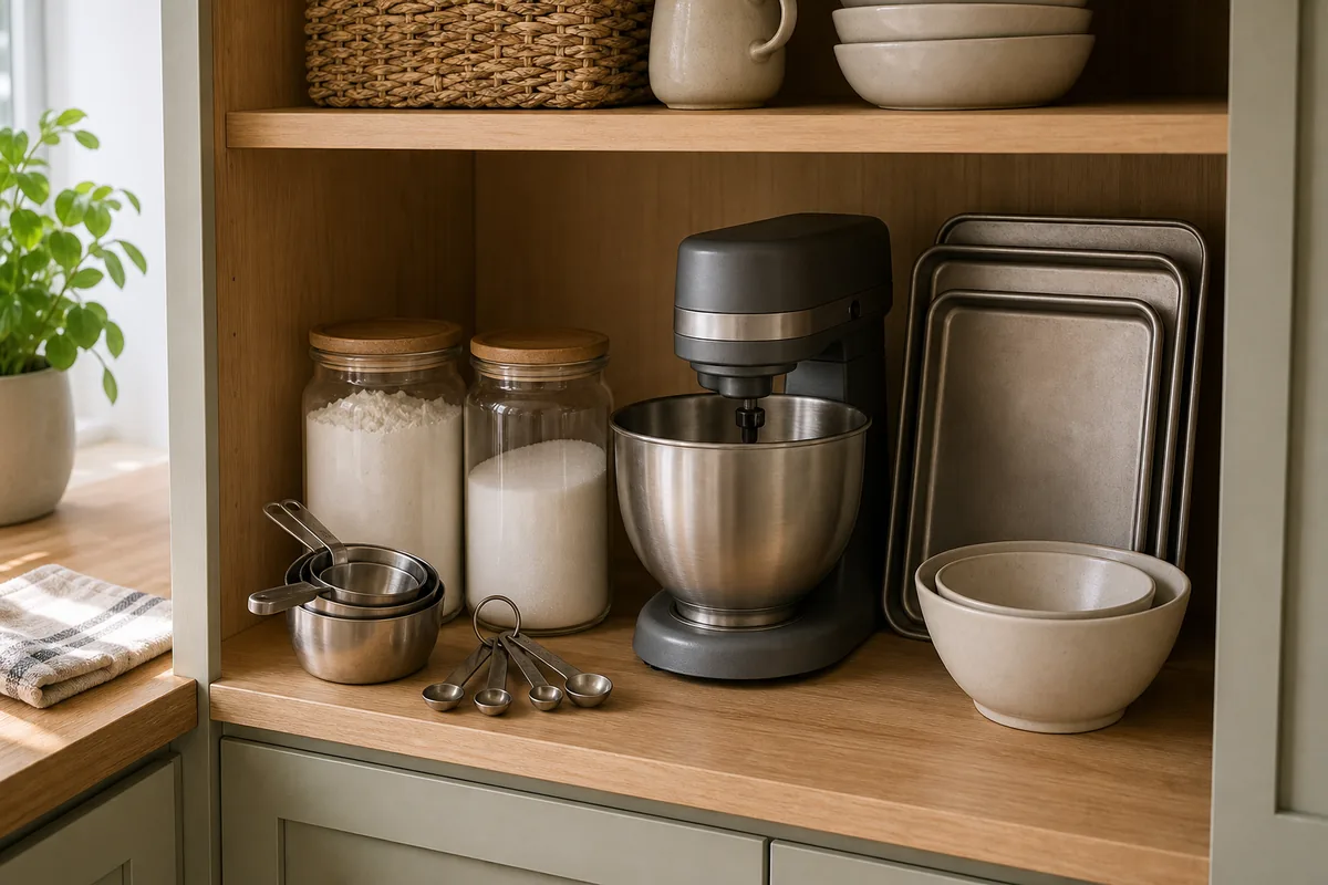 A kitchen baking zone gathered in one spot: clear canisters of flour and sugar, nested measuring cups, a plain stand mixer, and a stack of sheet pans and bowls grouped on one shelf