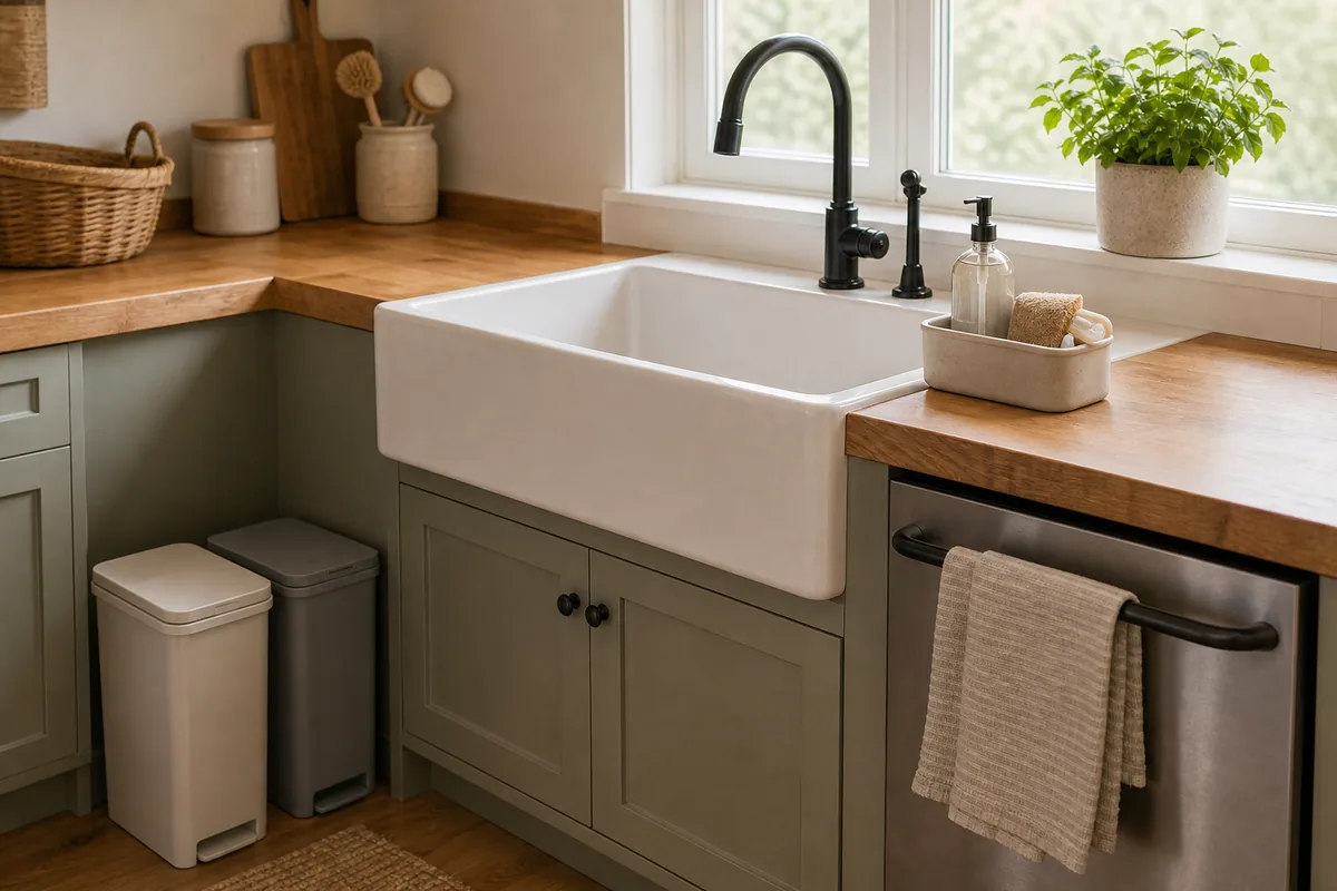 A kitchen cleanup zone at the sink: a caddy holding a plain dish-soap bottle, brush, and sponge, a folded linen towel on a bar, and a pair of slim trash and recycling bins tucked beside the sink cabinet
