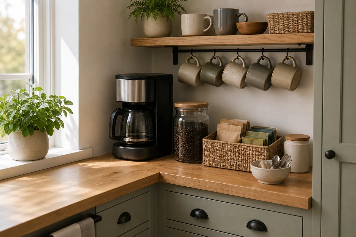 A coffee and beverage station in a kitchen corner off the main path: a plain coffee maker, a row of mugs on hooks, a canister of beans, a small caddy of teas, and a dish of spoons, all clustered together