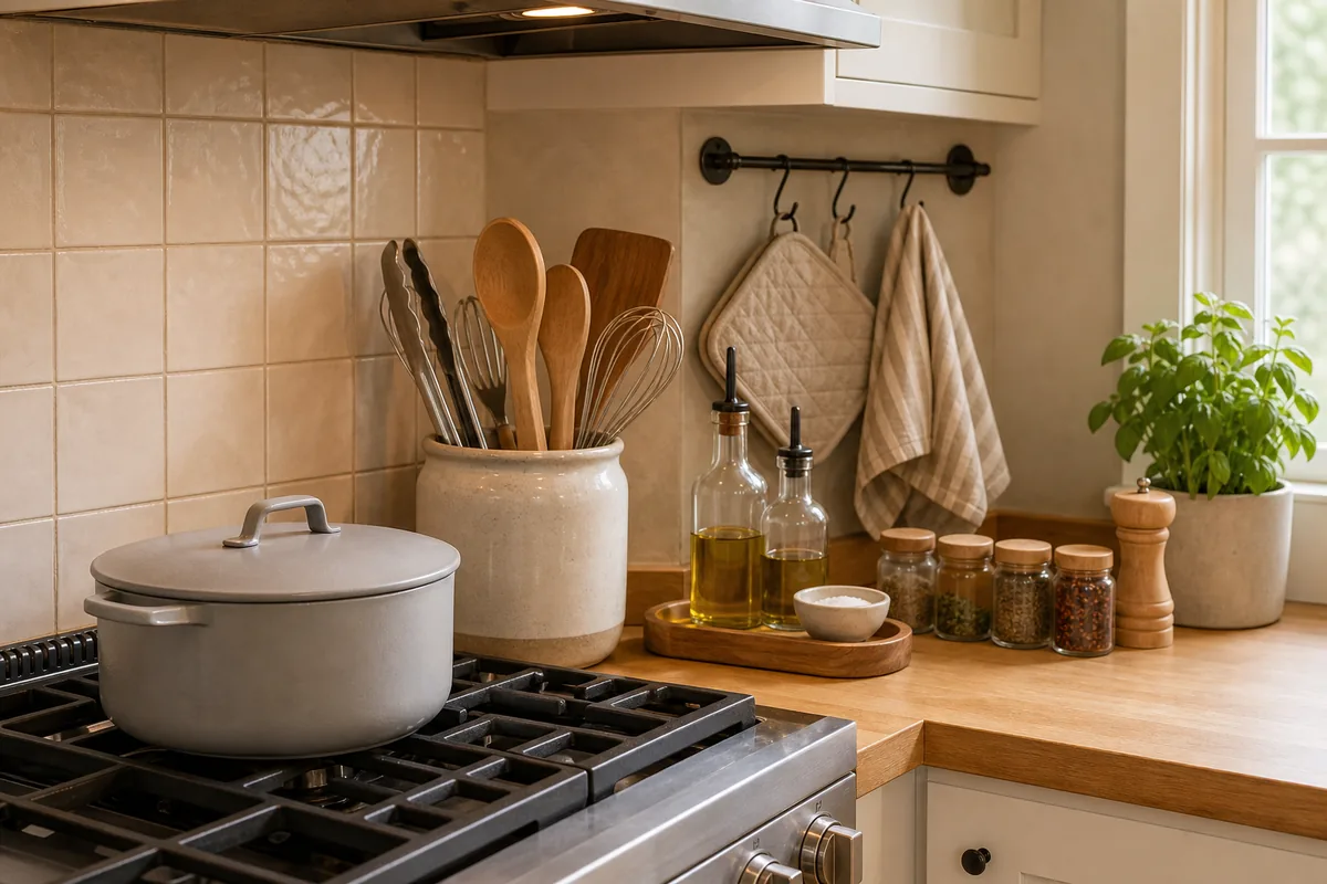 A kitchen cooking zone at the stove: a ceramic crock of wooden utensils, a small tray of plain oil bottles and a dish of salt and spice jars, and a linen pot holder and towel on a rail, all within arms reach of the burners