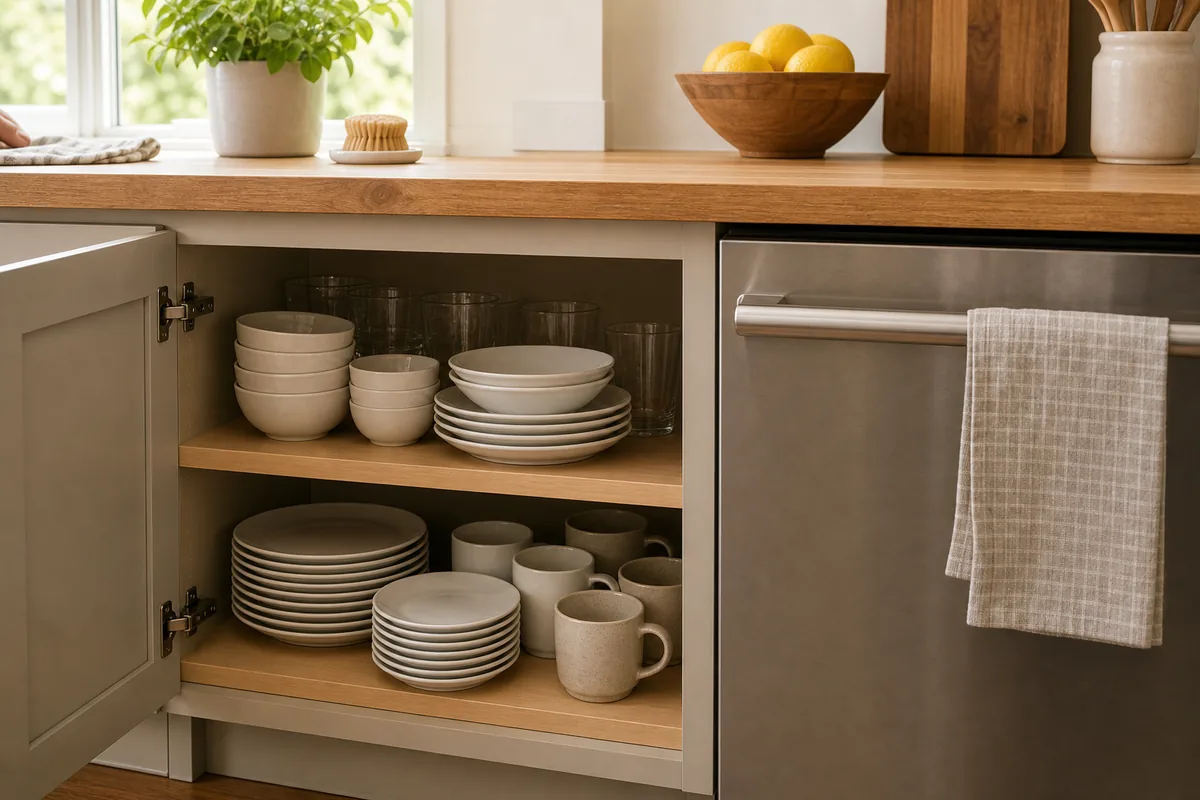 An open kitchen cabinet of everyday plates, bowls, glasses, and mugs in neat stacks right beside the dishwasher, plain white and natural-toned dishware