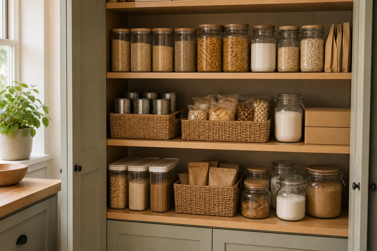 An open pantry cabinet set up as one dry-food zone, staples grouped by type in clear glass canisters and woven baskets with blank labels, everyday items at eye level