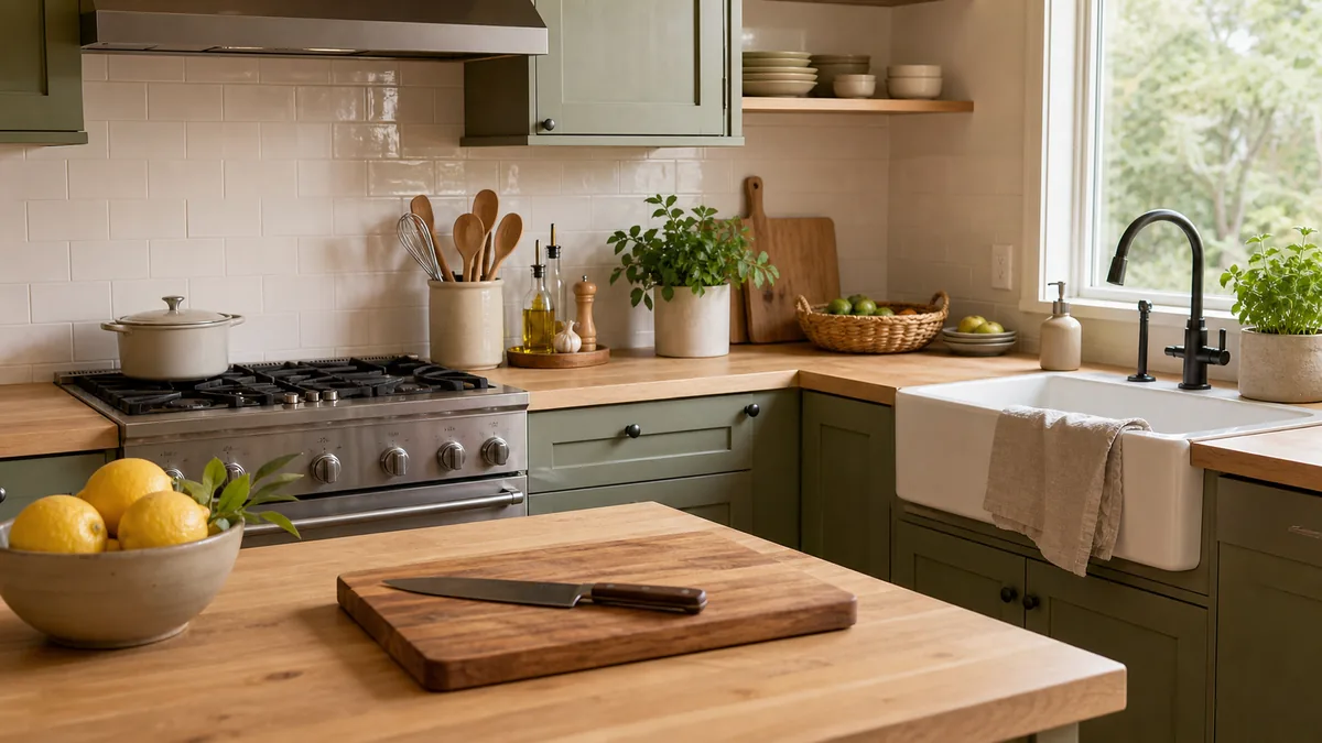 A calm, well-zoned home kitchen in soft daylight: a clear light-wood prep counter with a cutting board and a bowl of lemons, a stove with a crock of utensils and a tray of oils within reach, and a tidy sink, with warm-white and sage cabinets