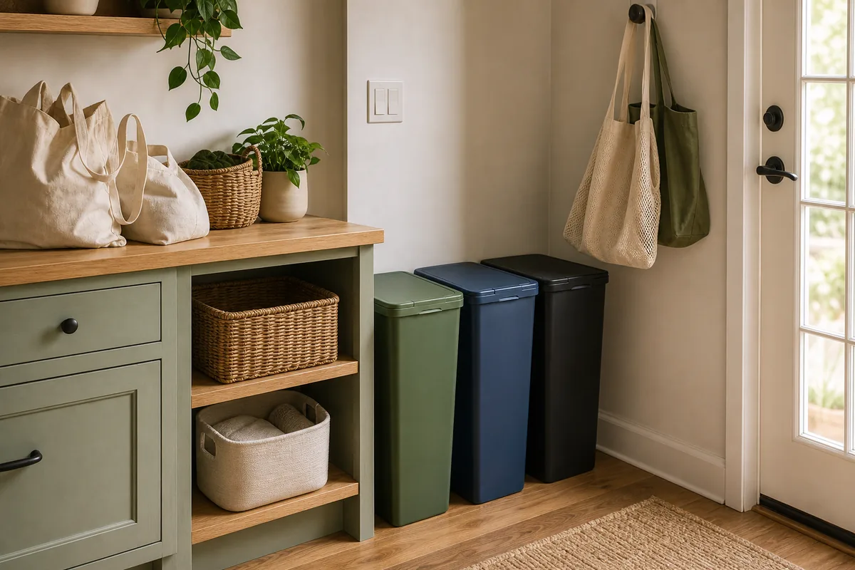 A landing and recycling zone at the end of a kitchen near the door: a counter end with cloth grocery bags and a basket, three slim sorted recycling, trash, and compost bins against the wall, and reusable bags on a hook