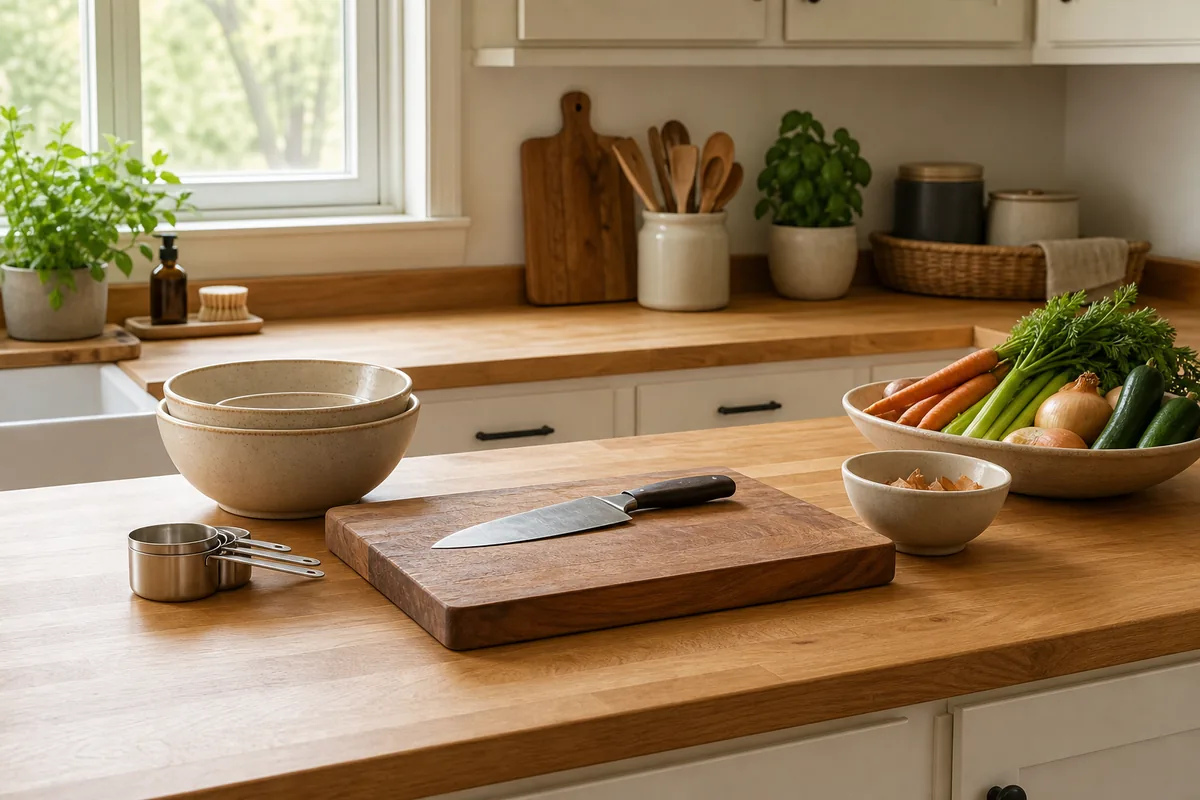 A kitchen prep zone on a long clear butcher-block counter: a wooden cutting board with a chefs knife, two nested mixing bowls, a set of measuring cups, and a small scrap bowl grouped within reach, a bowl of vegetables beside it