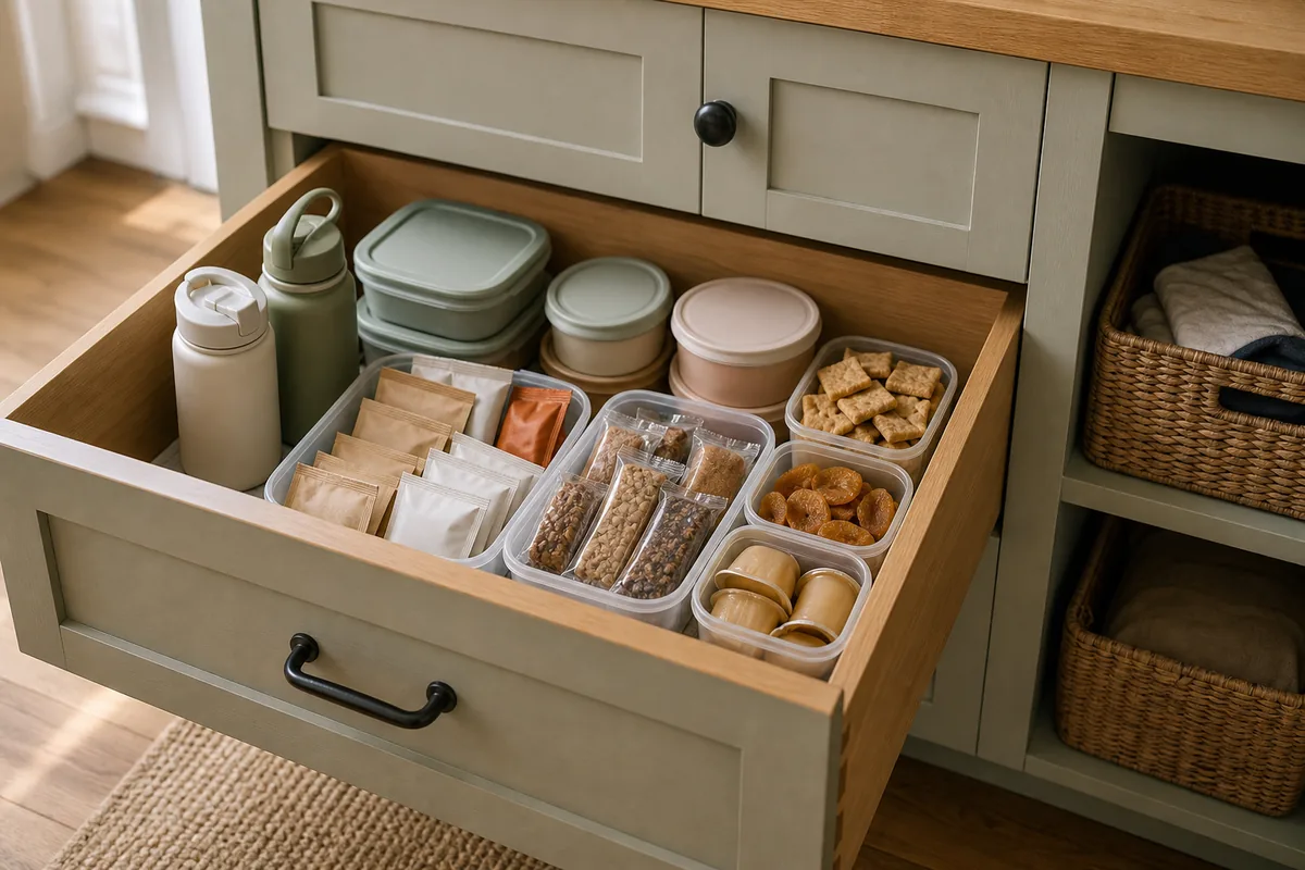 A low kitchen drawer pulled open at kid height as a grab-and-go snack zone: single-serve snacks in plain wrappers, stacked reusable containers, and a couple of water bottles, all easy to reach