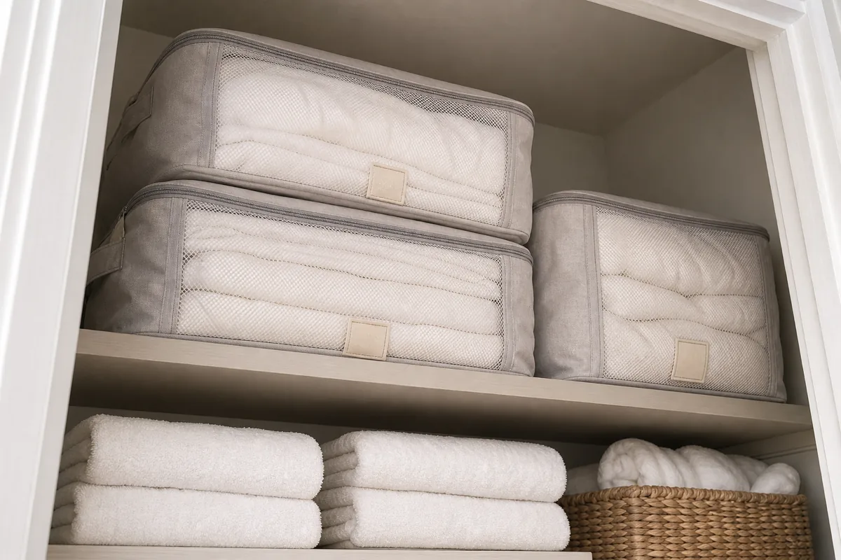 Spare duvets and pillows sealed into breathable fabric zip storage bags and stacked on the top shelf of a linen closet, out of the daily flow