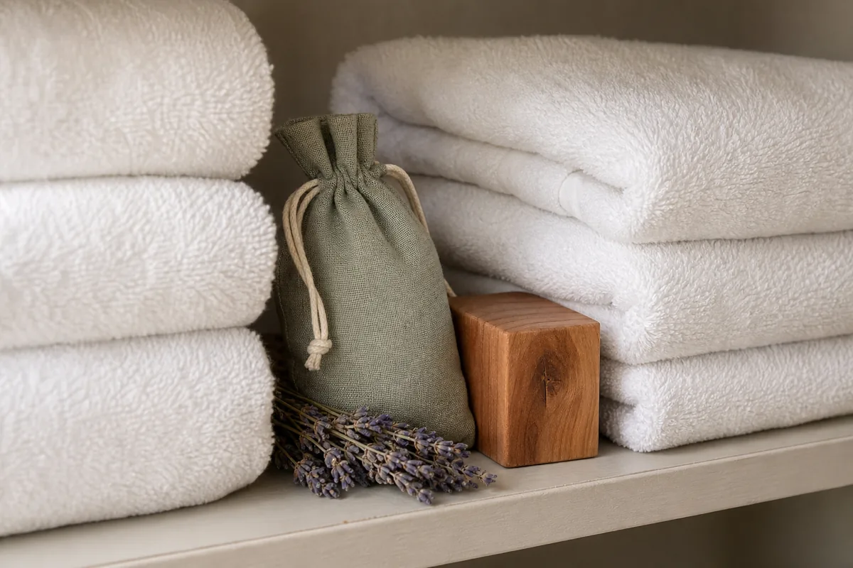 A small cedar block and a linen lavender sachet tucked between folded towel stacks on a closet shelf, the fresh-linen finishing touch