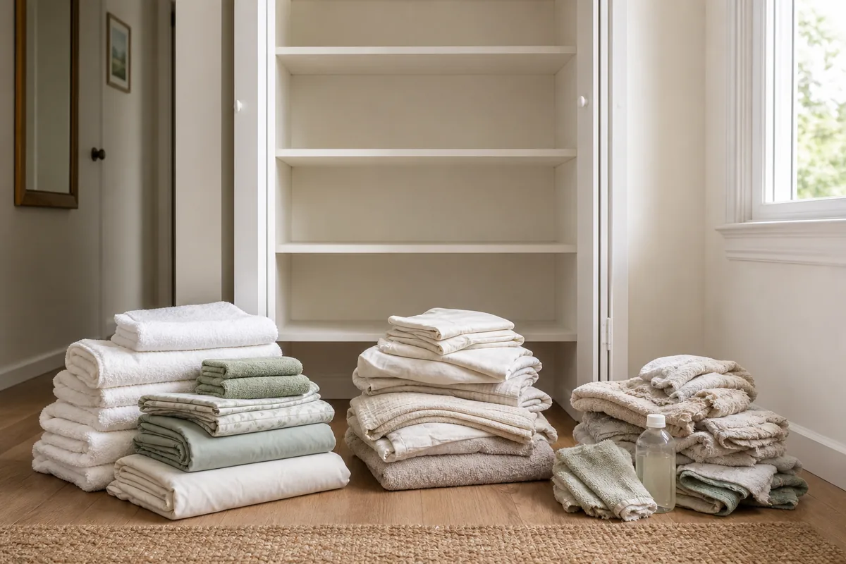A linen closet half emptied with towels and sheets sorted into piles on the floor, a keep pile, a donate pile, and a rag pile of thin worn towels, the closet shelves bare and ready