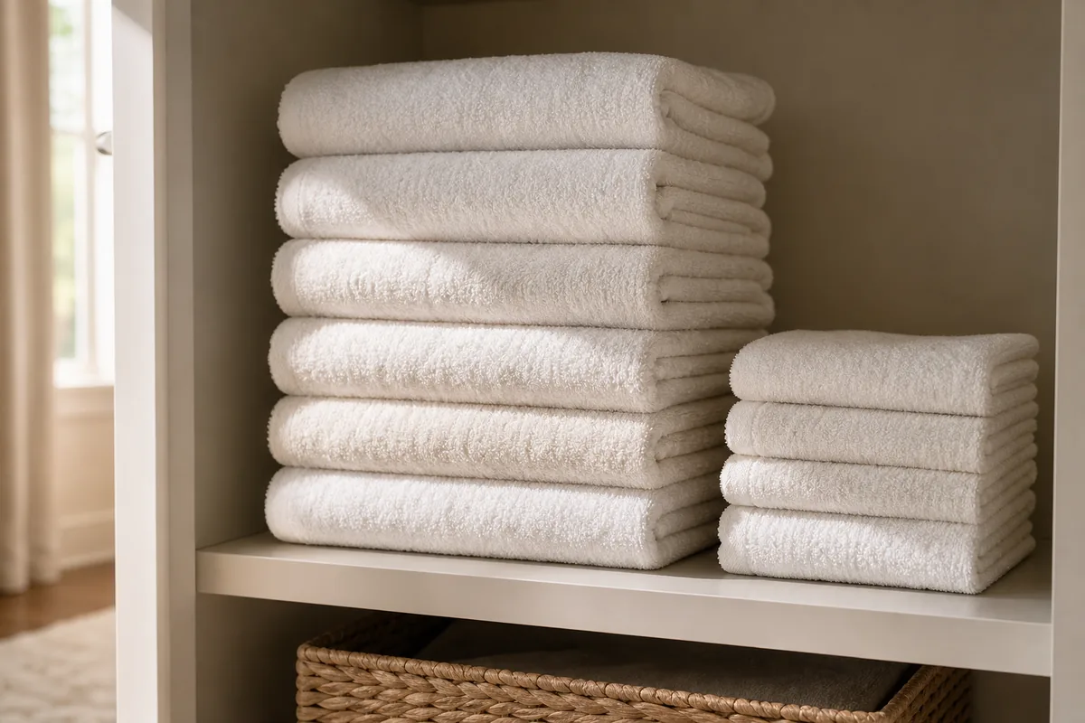 A neat column of white bath towels all folded to the same width with the smooth edges facing out, stacked like a hotel linen shelf