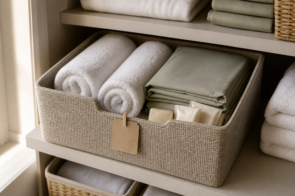 A single labeled guest bin on a closet shelf holding two rolled towels, a folded sheet set, and a few wrapped travel soaps, ready to pull out