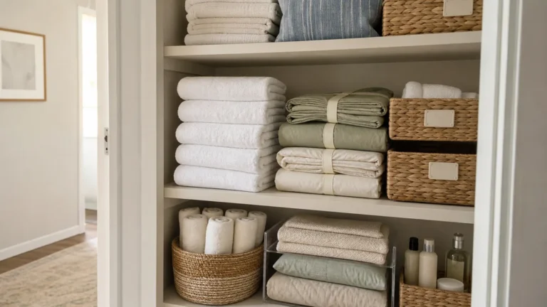 A styled, organized linen closet with a column of identically folded white bath towels, two bundled sheet sets, a couple of labeled bins, and a basket of rolled towels on a lower shelf, soft daylight, reading calm and spa-like