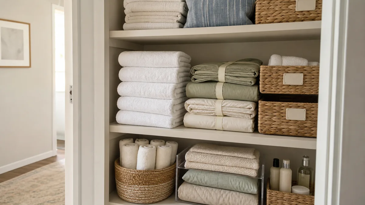 A styled, organized linen closet with a column of identically folded white bath towels, two bundled sheet sets, a couple of labeled bins, and a basket of rolled towels on a lower shelf, soft daylight, reading calm and spa-like