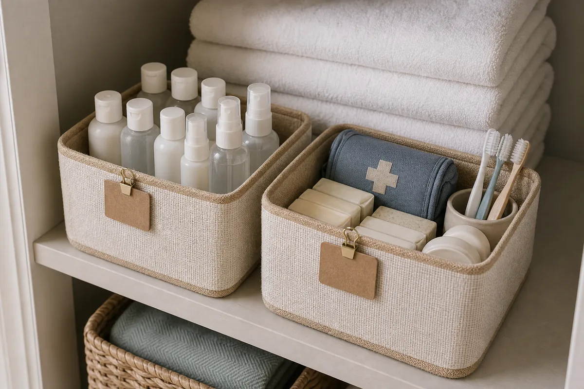 Two labeled bins on a linen-closet shelf holding loose toiletry backstock, travel-size bottles in one and first-aid and spare soap in the other