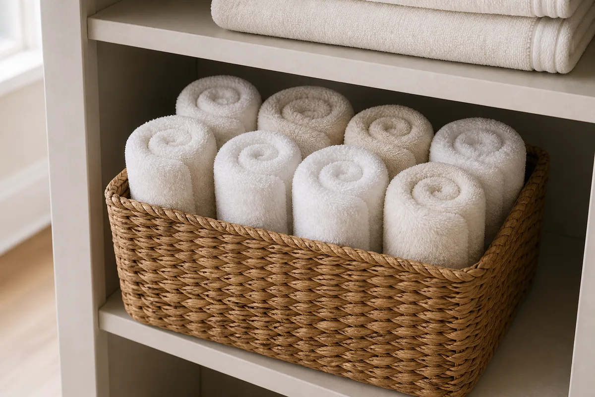 Spare bath towels rolled into tight cylinders and stood upright in a woven basket on a lower closet shelf, spa style