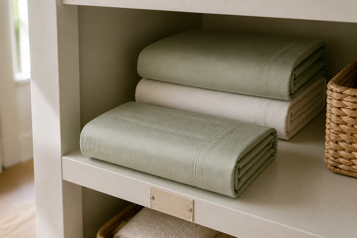 A folded bed-sheet set stored as one self-contained bundle, with two more matching bundles stacked beside it on a shelf marked by bed size