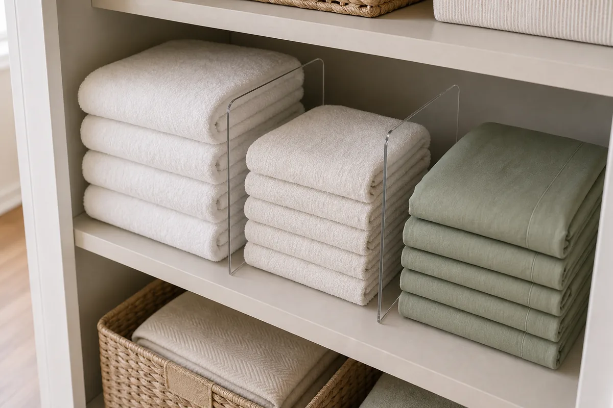 Clear acrylic shelf dividers slotted between stacks of folded towels and sheets on a closet shelf, keeping each pile upright and separate