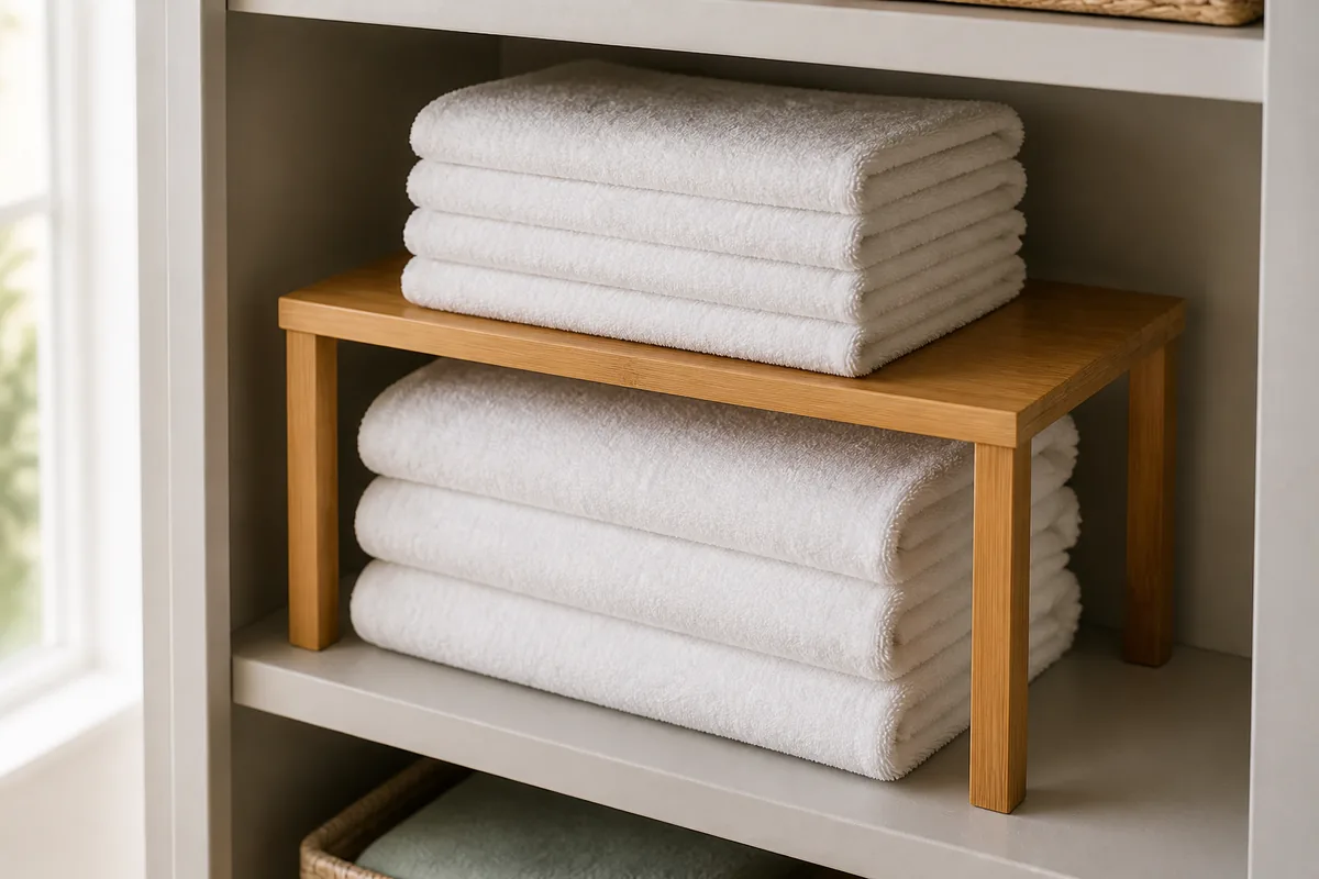 A bamboo shelf riser set over a stack of folded bath towels, creating a second layer where hand towels sit above, filling the tall empty gap between fixed shelves