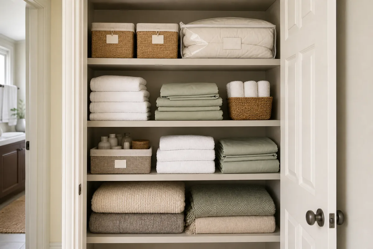 A full linen closet organized by height, everyday towels at eye level, heavy folded blankets on the low shelves, and guest and seasonal bedding up on the top shelf