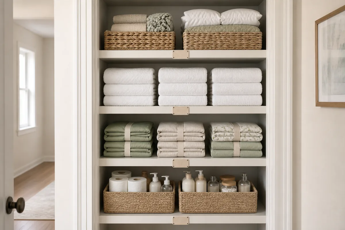 A linen closet with shelves grouped into clear zones, a towel shelf, a bed-linen shelf, a toiletry backstock shelf, and a guest and seasonal shelf, each with a small label