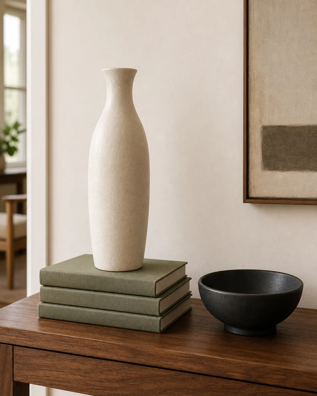 A close front view of a warm walnut console top showing a clear height-varying stack three blank-cover hardcover books stacked flat as a riser with a tall slim cream ceramic vase placed on top of the books beside it a low matte black ceramic bowl at the original console height