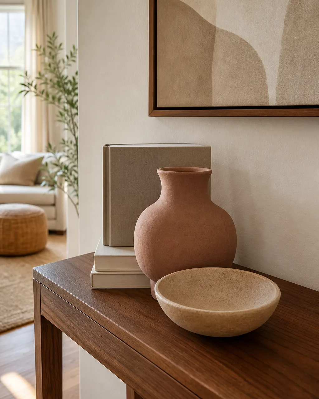 A direct front view of a warm walnut console table top against a warm-white wall showing a clear three-layer vignette from back to front one tall blank-cover hardcover book stack on the back row one mid sculptural matte-sage ceramic vessel in the middle row and one short shallow clay bowl on the front row