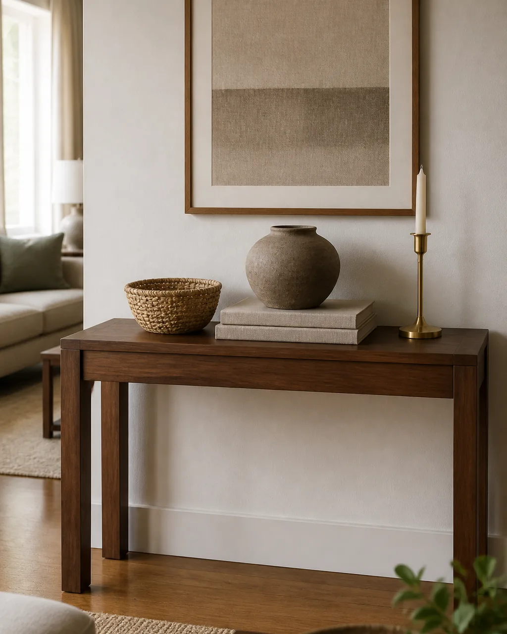 A medium front view of a warm walnut console table styled mostly with natural textures a woven sea-grass small basket a rough clay vessel and a stack of two linen-bound blank-cover books plus exactly one slim brushed brass candlestick as the single metal accent
