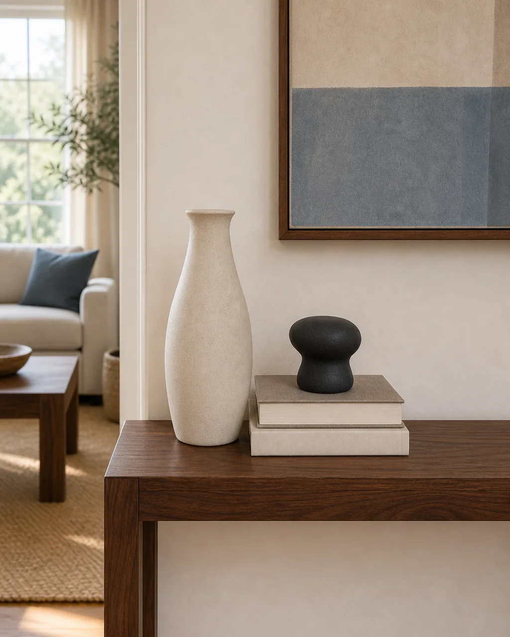 A direct front view of a warm walnut console top against a warm-white wall styled with exactly three objects grouped together on one side a tall slim cream ceramic vase a mid stack of two blank-cover hardcover books and a short small matte black sculptural object