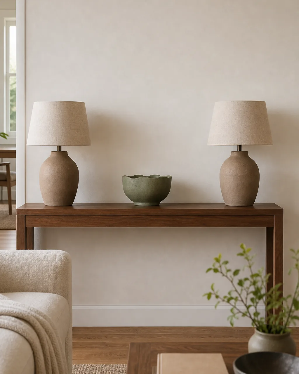 A direct front view of a warm walnut console table against a warm-white wall with two identical ceramic table lamps in muted clay with natural linen shades placed at exactly equal distance from the center a single low sculptural sage vessel centered between the two lamps