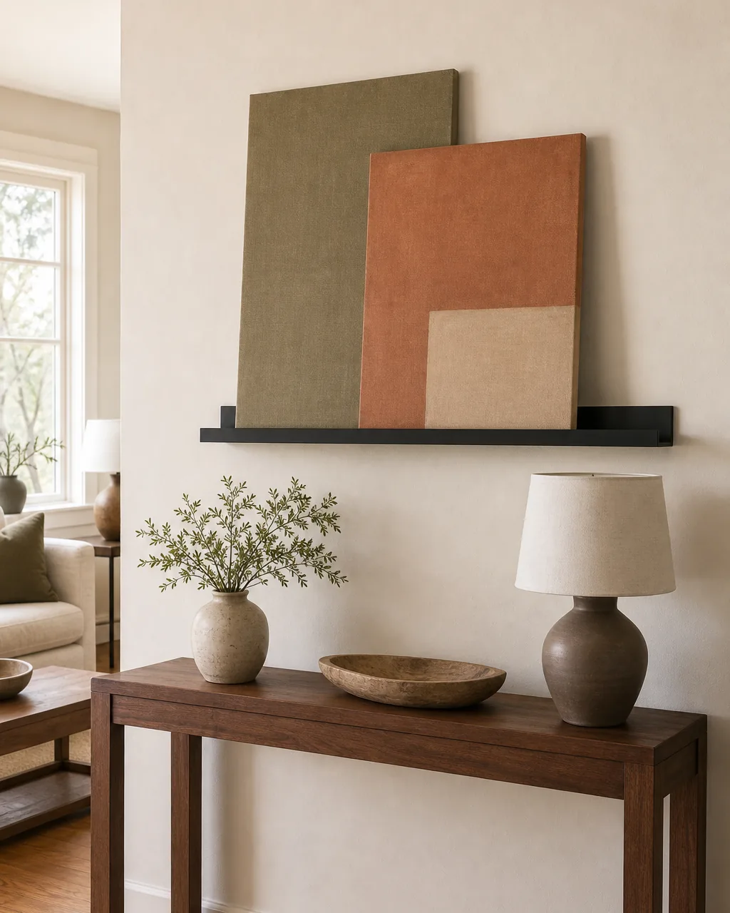 A higher slight upward view of a warm walnut console table against a warm-white wall with a slim matte black picture ledge mounted on the wall above the console at eye height the ledge holding two overlapping unframed abstract canvases with blank muted earth-tone fields leaning against the wall